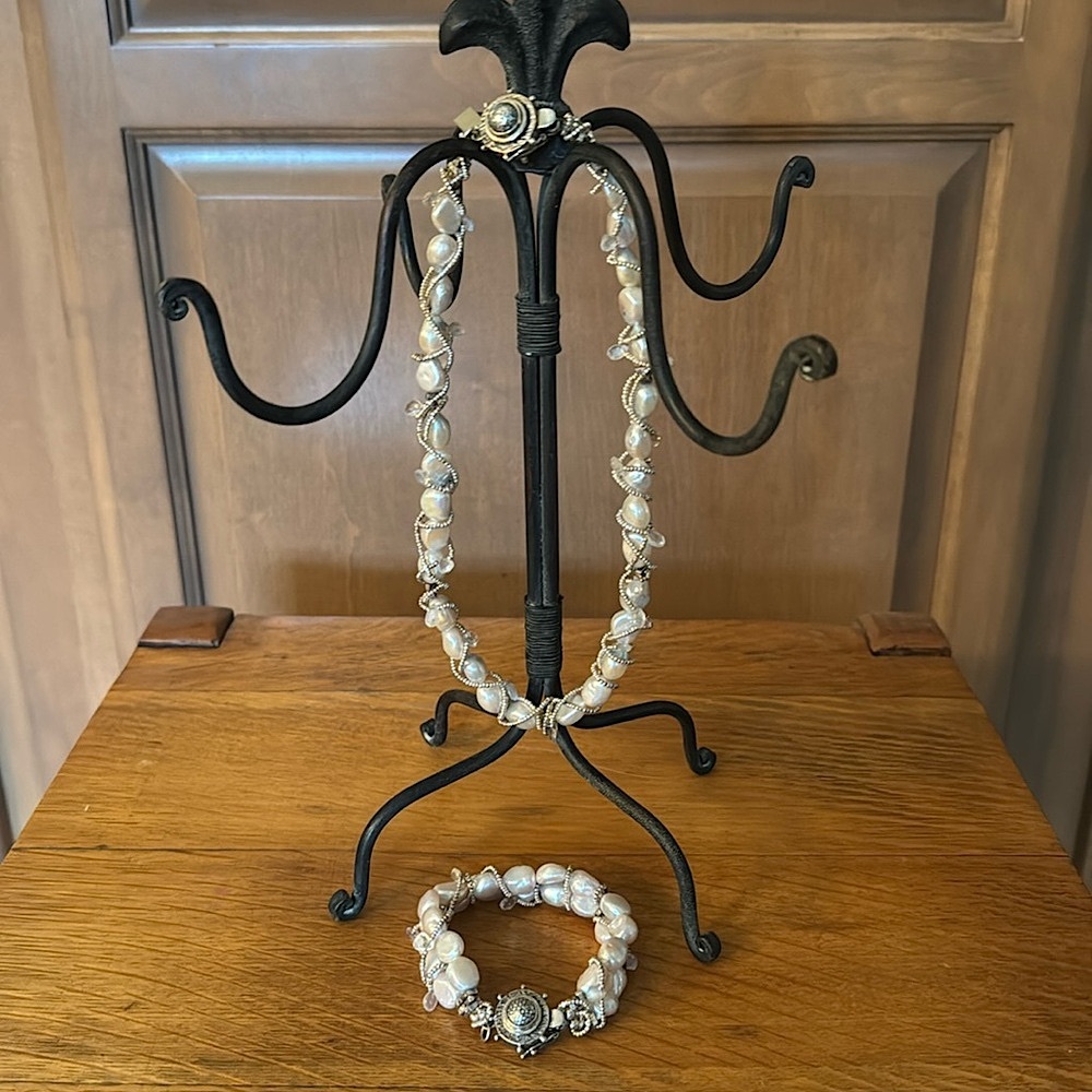 Pearl, sterling silver & crystal necklace & bracelet